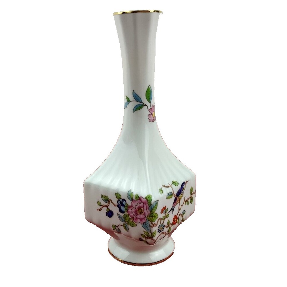AYNSLEY Gold Trim 7" Bud Vase PEMBROKE Blue Bird Floral Fine Bone China England